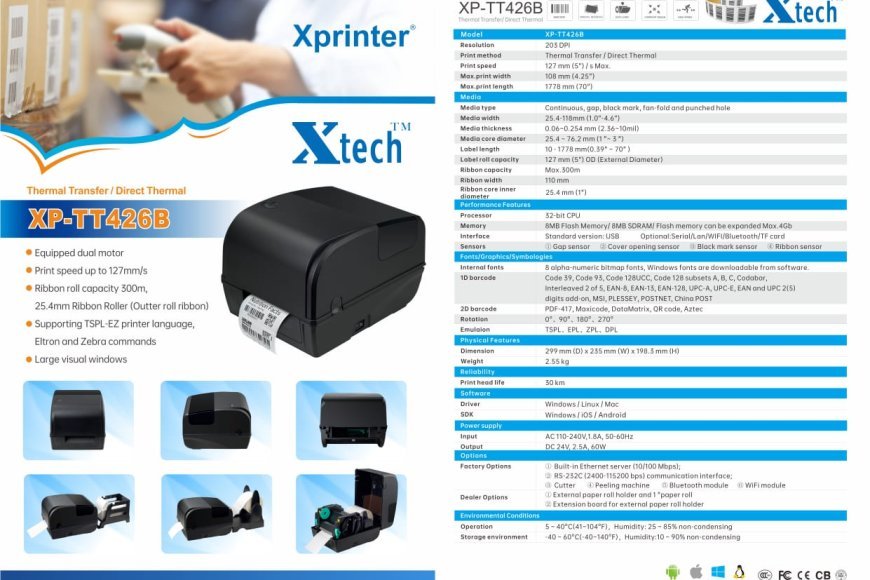 XP-TT426B Desktop printer with USB & Bluetooth Interface 4inch label printer. Both thermal and direct thermal labels print
