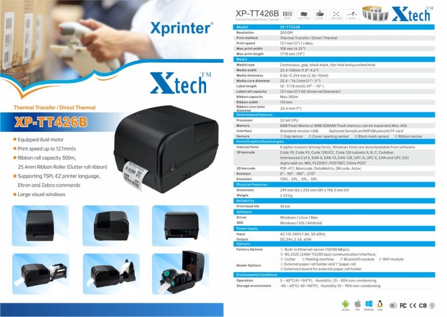 XP-TT426B Desktop printer with USB & Bluetooth Interface 4inch label printer. Both thermal and direct thermal labels print